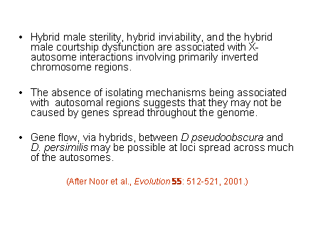 Slide #48. Hybrid male sterility, hybrid inviability, and the hybrid male courtship dysfunction are associated with X-autosome interactions involving primarily inverted chromosome regions.<BR><BR>The absence of isolating mechanisms being associated with  autosomal regions suggests that they may not be caused by genes spread throughout the genome.<BR><BR>Gene flow, via hybrids, between D pseudoobscura and D. persimilis may be possible at loci spread across much of the autosomes.<BR><BR>(After Noor et al., Evolution 55: 512-521, 2001.)<BR>
