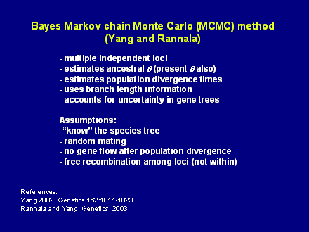 Slide #17. - multiple independent loci<BR> estimates ancestral q (present q also)<BR>- estimates population divergence times<BR>- uses branch length information<BR>- accounts for uncertainty in gene trees<BR><BR>Assumptions:<BR>"know" the species tree<BR>- random mating<BR>- no gene flow after population divergence<BR>- free recombination among loci (not within)<BR>
