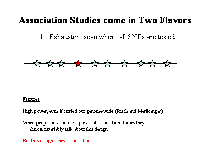 Slide #10. Features<BR><BR>High power, even if carried out genome-wide (Risch and Merikangas)<BR><BR>When people talk about the power of association studies they     almost invariably talk about this design<BR><BR>But this design is never carried out!