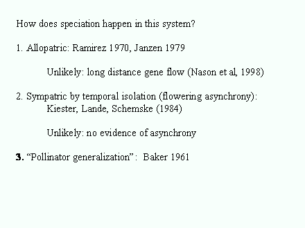Slide #83. How does speciation happen in this system?<BR><BR>1. Allopatric: Ramirez 1970, Janzen 1979<BR>	<BR>	Unlikely: long distance gene flow (Nason et al, 1998)<BR><BR>2. Sympatric by temporal isolation (flowering asynchrony): 	Kiester, Lande, Schemske (1984)<BR><BR>	Unlikely: no evidence of asynchrony<BR><BR>3. "Pollinator generalization":  Baker 1961<BR>	